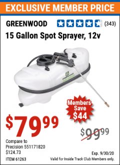 Harbor Freight ITC Coupon 12 VOLT, 15 GALLON SPOT SPRAYER Lot No. 9583/61263 Expired: 9/30/20 - $79.99