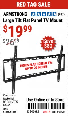 Harbor Freight Coupon LARGE TILT FLAT PANEL TV MOUNT Lot No. 64356/64355 Expired: 8/31/20 - $19.99