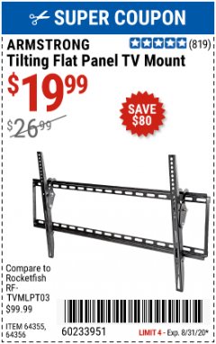 Harbor Freight Coupon LARGE TILT FLAT PANEL TV MOUNT Lot No. 64356/64355 Expired: 8/31/20 - $19.99