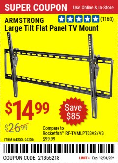Harbor Freight Coupon LARGE TILT FLAT PANEL TV MOUNT Lot No. 64356/64355 Expired: 12/31/20 - $14.99