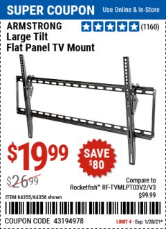 Harbor Freight Coupon LARGE TILT FLAT PANEL TV MOUNT Lot No. 64356/64355 Expired: 1/28/21 - $19.99
