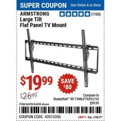 Harbor Freight Coupon LARGE TILT FLAT PANEL TV MOUNT Lot No. 64356/64355 Expired: 1/29/21 - $19.99
