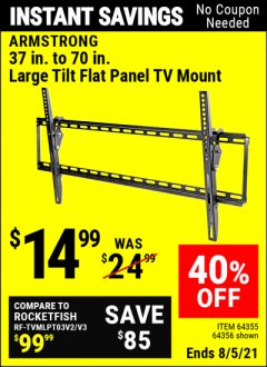 Harbor Freight Coupon LARGE TILT FLAT PANEL TV MOUNT Lot No. 64356/64355 Expired: 8/5/21 - $14.99