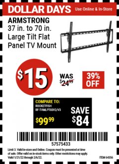 Harbor Freight Coupon LARGE TILT FLAT PANEL TV MOUNT Lot No. 64356/64355 Expired: 2/6/22 - $15