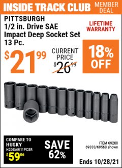 Harbor Freight ITC Coupon 1/2" DRIVE IMPACT DEEP SOCKET SETS, 13 PC. Lot No. 69560/67903/69280/69333/69561/67904/69279/69332 Expired: 10/28/21 - $21.99