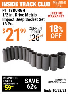 Harbor Freight ITC Coupon 1/2" DRIVE IMPACT DEEP SOCKET SETS, 13 PC. Lot No. 69560/67903/69280/69333/69561/67904/69279/69332 Expired: 10/28/21 - $21.99