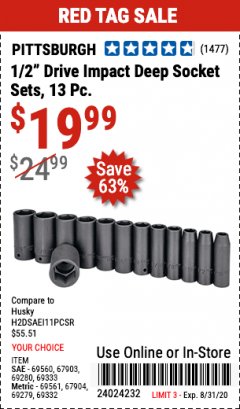 Harbor Freight Coupon 1/2" DRIVE IMPACT DEEP SOCKET SETS, 13 PC. Lot No. 69560/67903/69280/69333/69561/67904/69279/69332 Expired: 8/31/20 - $19.99