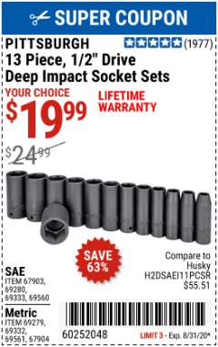 Harbor Freight Coupon 1/2" DRIVE IMPACT DEEP SOCKET SETS, 13 PC. Lot No. 69560/67903/69280/69333/69561/67904/69279/69332 Expired: 8/31/20 - $19.99