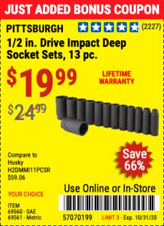 Harbor Freight Coupon 1/2" DRIVE IMPACT DEEP SOCKET SETS, 13 PC. Lot No. 69560/67903/69280/69333/69561/67904/69279/69332 Expired: 10/31/20 - $19.99