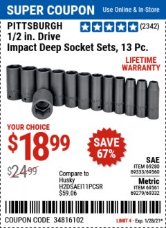 Harbor Freight Coupon 1/2" DRIVE IMPACT DEEP SOCKET SETS, 13 PC. Lot No. 69560/67903/69280/69333/69561/67904/69279/69332 Expired: 1/28/21 - $18.99