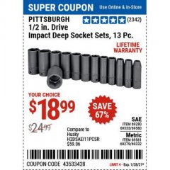 Harbor Freight Coupon 1/2" DRIVE IMPACT DEEP SOCKET SETS, 13 PC. Lot No. 69560/67903/69280/69333/69561/67904/69279/69332 Expired: 1/29/21 - $18.99