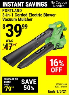 Harbor Freight Coupon 3-IN-1 CORDED ELECTRIC BLOWER VACUUM MULCHER Lot No. 62337/62469 Expired: 8/5/21 - $39.99