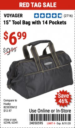 Harbor Freight Coupon 15" TOOL BAG WITH 14 POCKETS Lot No. 61469/62348/62341 Expired: 8/31/20 - $6.99