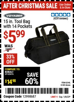 Harbor Freight Coupon 15" TOOL BAG WITH 14 POCKETS Lot No. 61469/62348/62341 Expired: 1/8/23 - $5.99