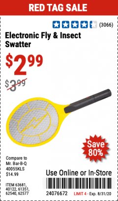 Harbor Freight Coupon ELECTRIC FLY & INSECT SWATTER Lot No. 63681/40122/61351/62540/62577 Expired: 8/31/20 - $2.99