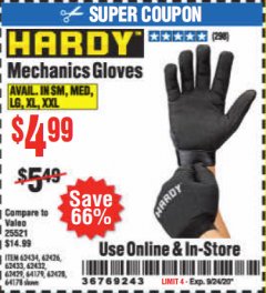 Harbor Freight Coupon HARDY MECHANICS GLOVES Lot No. 62434, 62426, 62433, 62432, 62429, 64179, 62428, 64178 Expired: 9/24/20 - $4.99