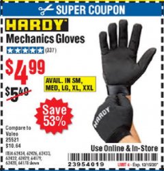 Harbor Freight Coupon HARDY MECHANICS GLOVES Lot No. 62434, 62426, 62433, 62432, 62429, 64179, 62428, 64178 Expired: 12/3/20 - $4.99