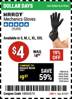 Harbor Freight Coupon HARDY MECHANICS GLOVES Lot No. 62434, 62426, 62433, 62432, 62429, 64179, 62428, 64178 Expired: 4/7/22 - $4