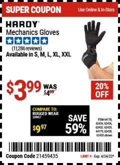 Harbor Freight Coupon HARDY MECHANICS GLOVES Lot No. 62434, 62426, 62433, 62432, 62429, 64179, 62428, 64178 Expired: 4/24/22 - $3.99