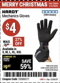 Harbor Freight Coupon HARDY MECHANICS GLOVES Lot No. 62434, 62426, 62433, 62432, 62429, 64179, 62428, 64178 Expired: 12/18/22 - $4