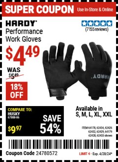 Harbor Freight Coupon HARDY MECHANICS GLOVES Lot No. 62434, 62426, 62433, 62432, 62429, 64179, 62428, 64178 EXPIRES: 4/28/24 - $4.49