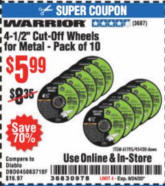 Harbor Freight Coupon 4 1/2 IN. CUT OFF WHEELS Lot No. 61195, 45430 Expired: 9/24/20 - $5.99