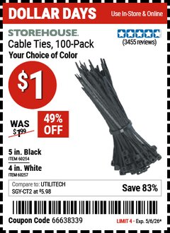Harbor Freight Coupon STOREHOUSE CABLE TIES, 100-PACK Lot No. 60254/60257 Expired: 5/6/26 - $1