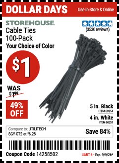 Harbor Freight Coupon STOREHOUSE CABLE TIES, 100-PACK Lot No. 60254/60257 Expired: 9/9/26 - $1