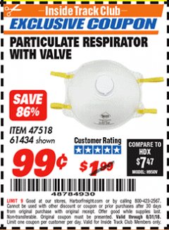 Harbor Freight ITC Coupon PARTICULATE RESPIRATOR WITH VALVE Lot No. 61434/47518 Expired: 8/31/18 - $0.99