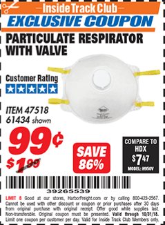 Harbor Freight ITC Coupon PARTICULATE RESPIRATOR WITH VALVE Lot No. 61434/47518 Expired: 10/31/18 - $0.99