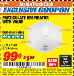 Harbor Freight ITC Coupon PARTICULATE RESPIRATOR WITH VALVE Lot No. 61434/47518 Expired: 11/30/18 - $0.99