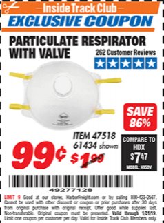 Harbor Freight ITC Coupon PARTICULATE RESPIRATOR WITH VALVE Lot No. 61434/47518 Expired: 1/31/19 - $0.99