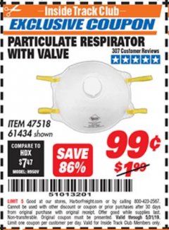 Harbor Freight ITC Coupon PARTICULATE RESPIRATOR WITH VALVE Lot No. 61434/47518 Expired: 5/31/19 - $0.99
