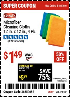 Harbor Freight Coupon GRANT'S MICROFIBER CLEANING CLOTH 12 IN X 12 IN, 4 PK Lot No. 63358, 63925, 57162, 63363 Expired: 7/4/22 - $1.49