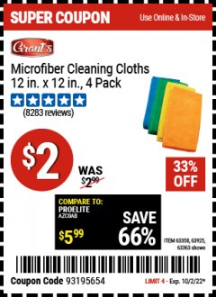 Harbor Freight Coupon GRANT'S MICROFIBER CLEANING CLOTH 12 IN X 12 IN, 4 PK Lot No. 63358, 63925, 57162, 63363 Expired: 10/2/22 - $2