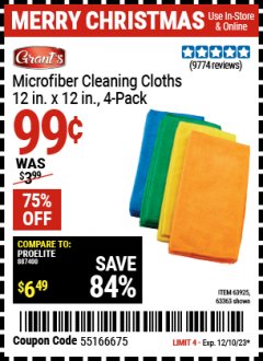Harbor Freight Coupon GRANT'S MICROFIBER CLEANING CLOTH 12 IN X 12 IN, 4 PK Lot No. 63358/63925/57162/63363 Expired: 12/10/23 - $0.99