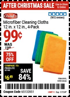 Harbor Freight Coupon GRANT'S MICROFIBER CLEANING CLOTH 12 IN X 12 IN, 4 PK Lot No. 63358/63925/57162/63363 Expired: 1/7/24 - $0.99