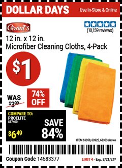 Harbor Freight Coupon GRANT'S MICROFIBER CLEANING CLOTH 12 IN X 12 IN, 4 PK Lot No. 63358/63925/57162/63363 Expired: 8/21/24 - $1