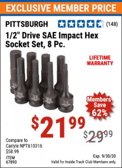 Harbor Freight ITC Coupon PITTSBURG 1/2" DRIVE SAE IMPACT HEX SOCKET SET, 8 PC. Lot No. 67893 Expired: 9/30/20 - $21.99