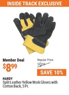 Harbor Freight Coupon HARDY SPLIT LEATHER YELLOW WORK GLOVES WITH COTTON BACK, 5 PR. Lot No. 61457 Expired: 7/1/21 - $8.99