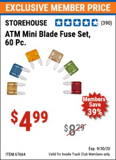 Harbor Freight ITC Coupon STOREHOUSE ATM MINI BLADE FUSE SET, 60 PC. Lot No. 67664 Expired: 9/30/20 - $4.99