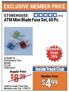 Harbor Freight ITC Coupon STOREHOUSE ATM MINI BLADE FUSE SET, 60 PC. Lot No. 67664 Expired: 1/28/21 - $4.99