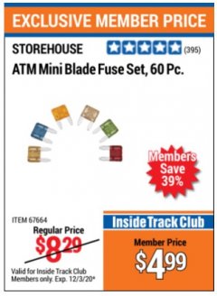 Harbor Freight Coupon STOREHOUSE ATM MINI BLADE FUSE SET, 60 PC. Lot No. 67664 Expired: 12/3/20 - $4.99