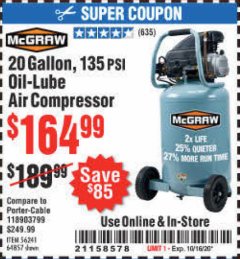 Harbor Freight Coupon 20 GALLON, 135 PSI OIL-LUBE AIR COMPRESSOR Lot No. 56241  Expired: 10/16/20 - $164.99