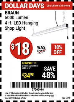 Harbor Freight Coupon 5000 LUMEN 4 FT. LED HANGING SHOP LIGHT Lot No. 64410 Expired: 2/6/22 - $0.18