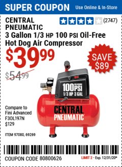 Harbor Freight Coupon $15 OFF CENTRAL PNEUMATIC 3 GALLON 100 PSI OIL-FREE AIR COMPRESSOR Lot No. 61615, 97080 Expired: 12/31/20 - $39.99