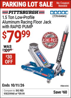 Harbor Freight Coupon PITTSBURGH 1.5 TON LOW-PROFILE ALUMINUM RACING FLOOR JACK WITH RAPID PUMP Lot No. 64545 Expired: 10/11/26 - $79.99