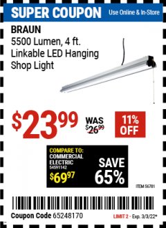 Harbor Freight Coupon BRAUN 5500 LUMEN 4' LINKABLE LED SHOP LIGHT Lot No. 56781 Expired: 3/3/22 - $23.99