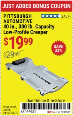 Harbor Freight Coupon 40 IN., 300LB. CAPACITY LOW-PROFILE CREEPER Lot No. 63424, 64169, 63372 Expired: 9/30/20 - $19.99