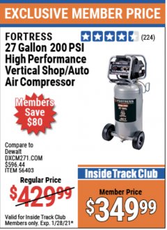 Harbor Freight ITC Coupon FORTRESS 27 GALLON, 200PSI HIGH PERFORMANCE VERTICAL SHOP/AUTO AIR COMPRESSOR Lot No. 57254/56403 Expired: 1/28/21 - $349.99